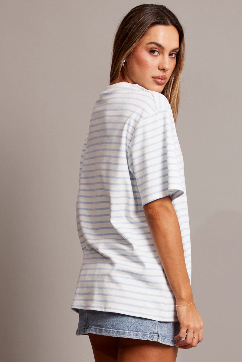 Blue Stripe Oversized T Shirt Short Sleeve Crew Neck for Ally Fashion