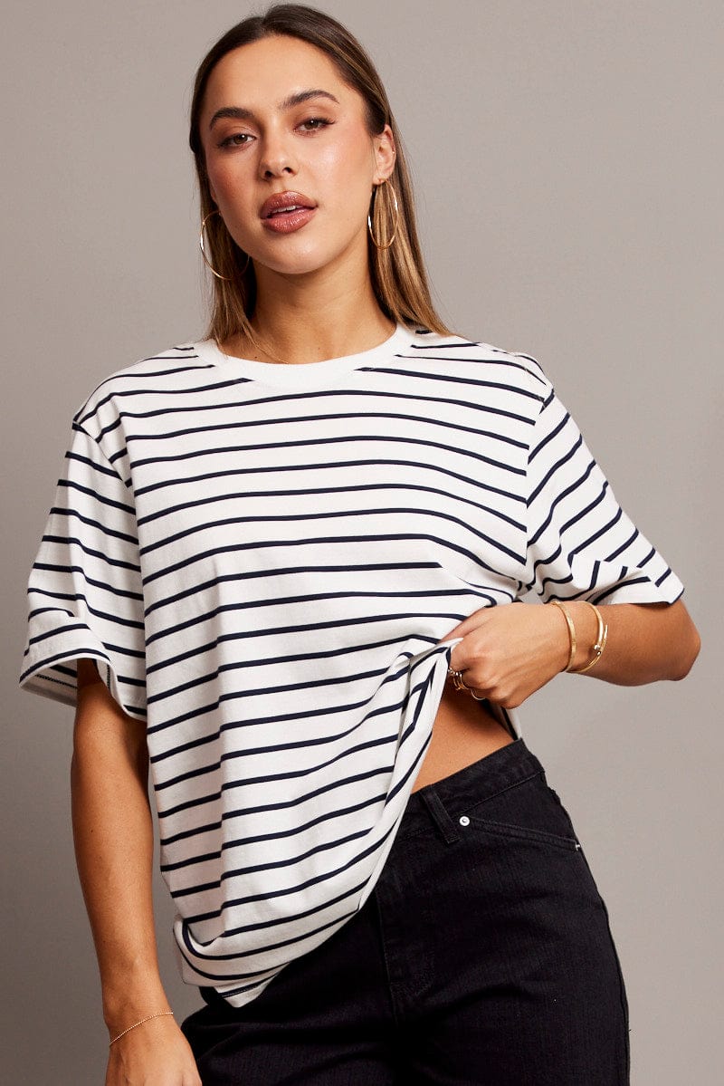 White Stripe Oversized T Shirt Short Sleeve Crew Neck for Ally Fashion