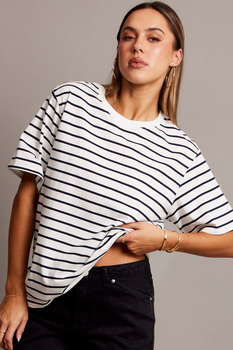 White Stripe Oversized T Shirt Short Sleeve Crew Neck for Ally Fashion