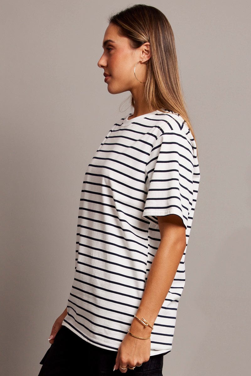 White Stripe Oversized T Shirt Short Sleeve Crew Neck for Ally Fashion