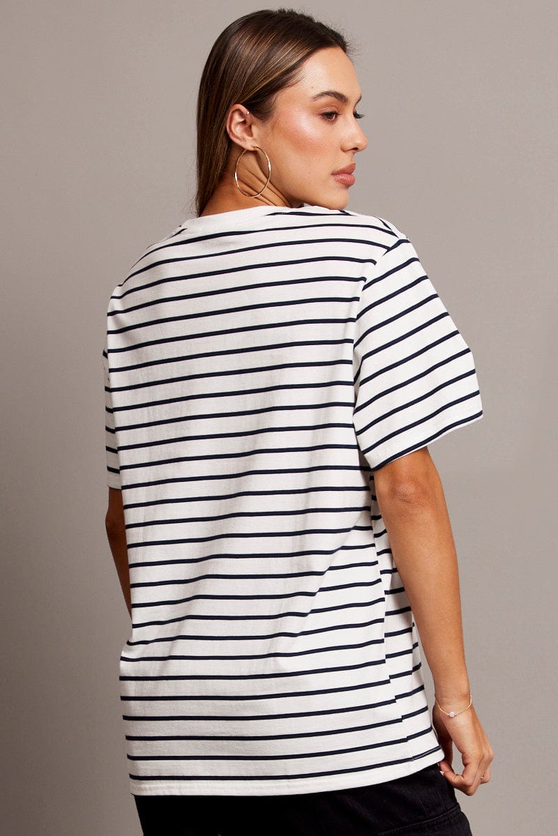 White Stripe Oversized T Shirt Short Sleeve Crew Neck for Ally Fashion