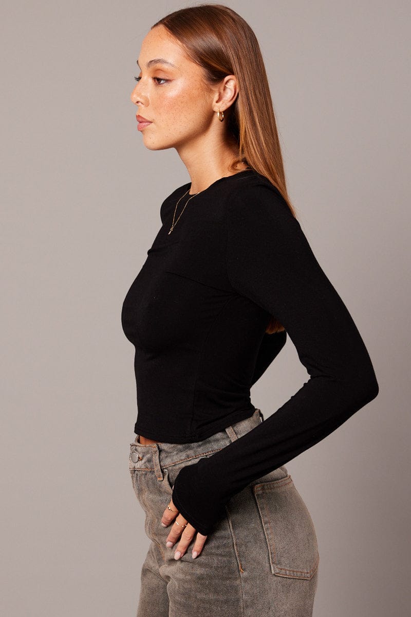 Black Top Long Sleeve Crew Neck Modal for Ally Fashion
