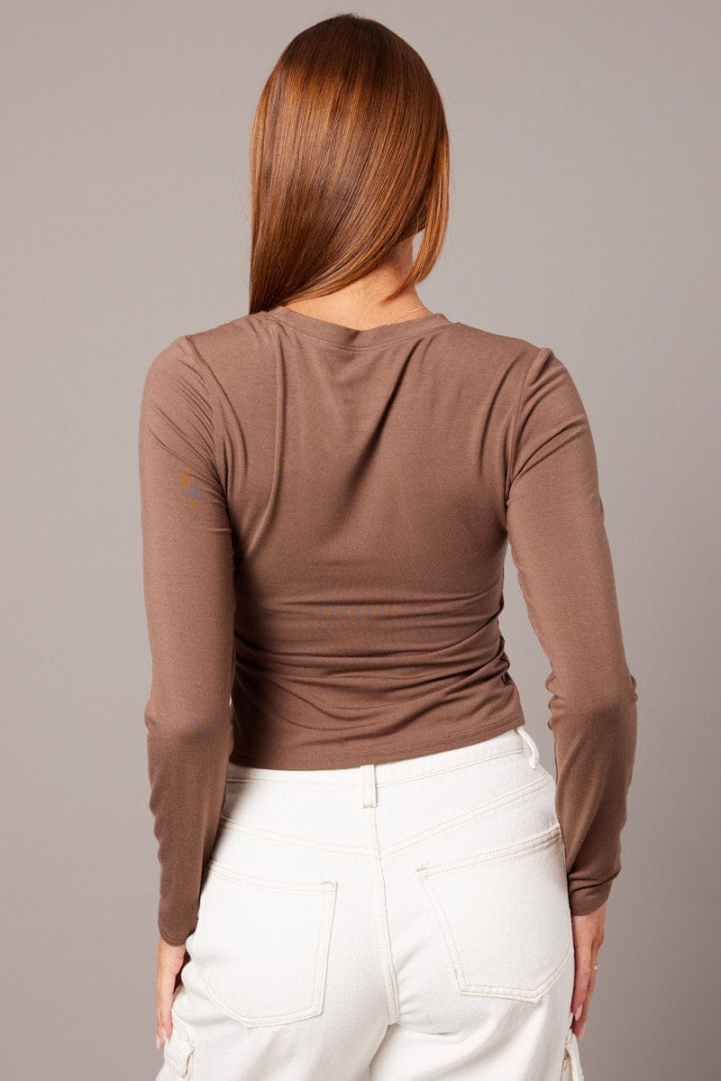 Brown Top Long Sleeve Crew Neck Modal for Ally Fashion