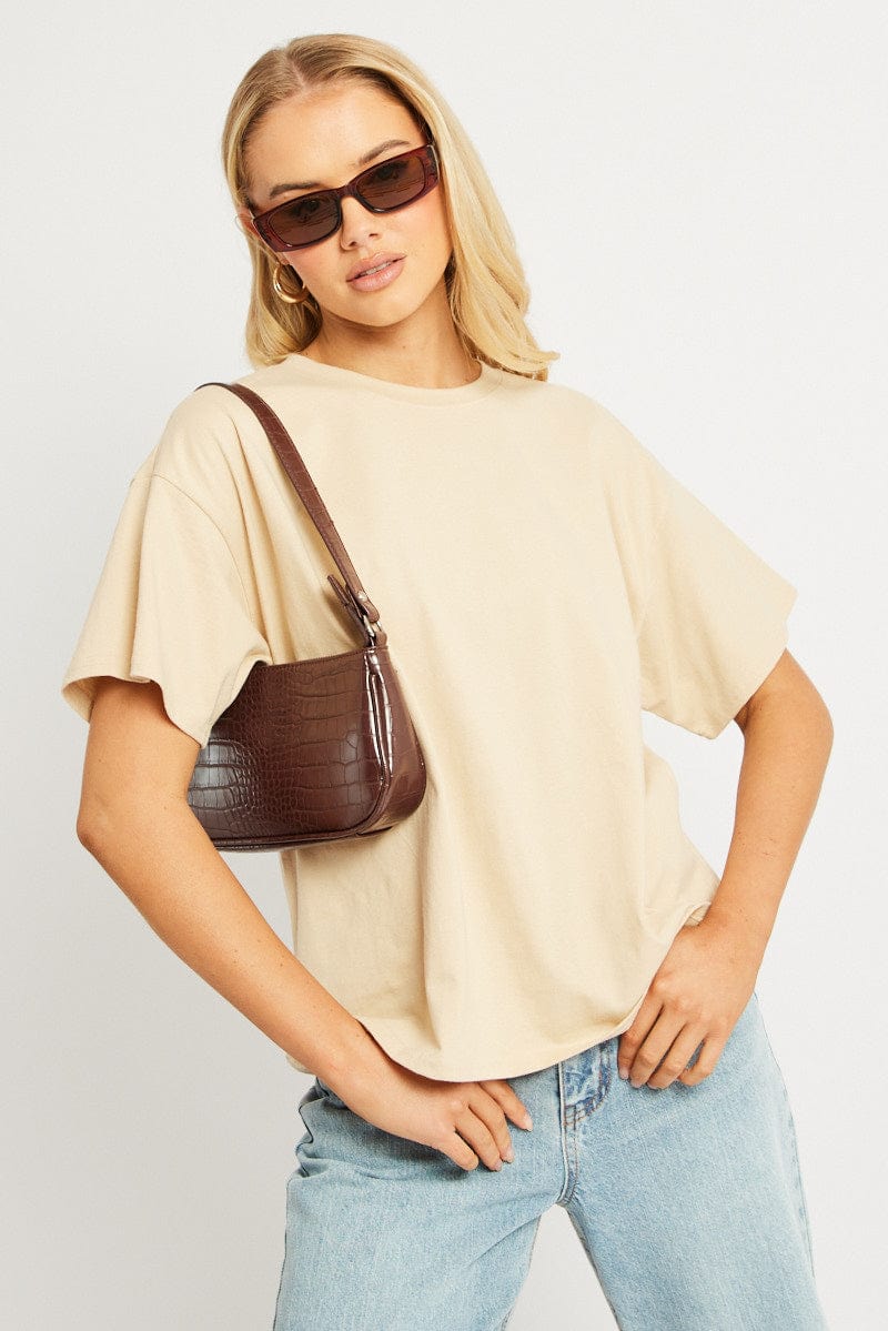 Beige Oversized T Shirt Short Sleeve Crew Neck for Ally Fashion