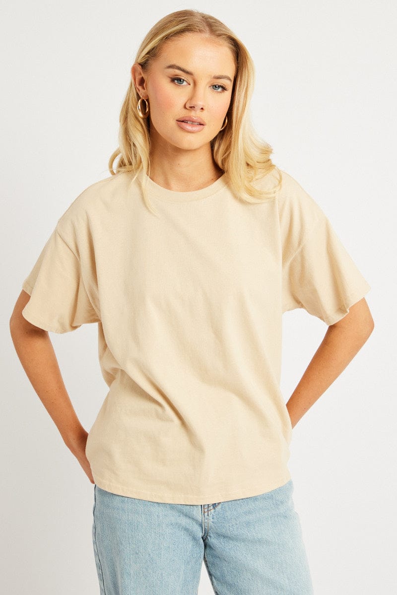 Beige Oversized T Shirt Short Sleeve Crew Neck for Ally Fashion