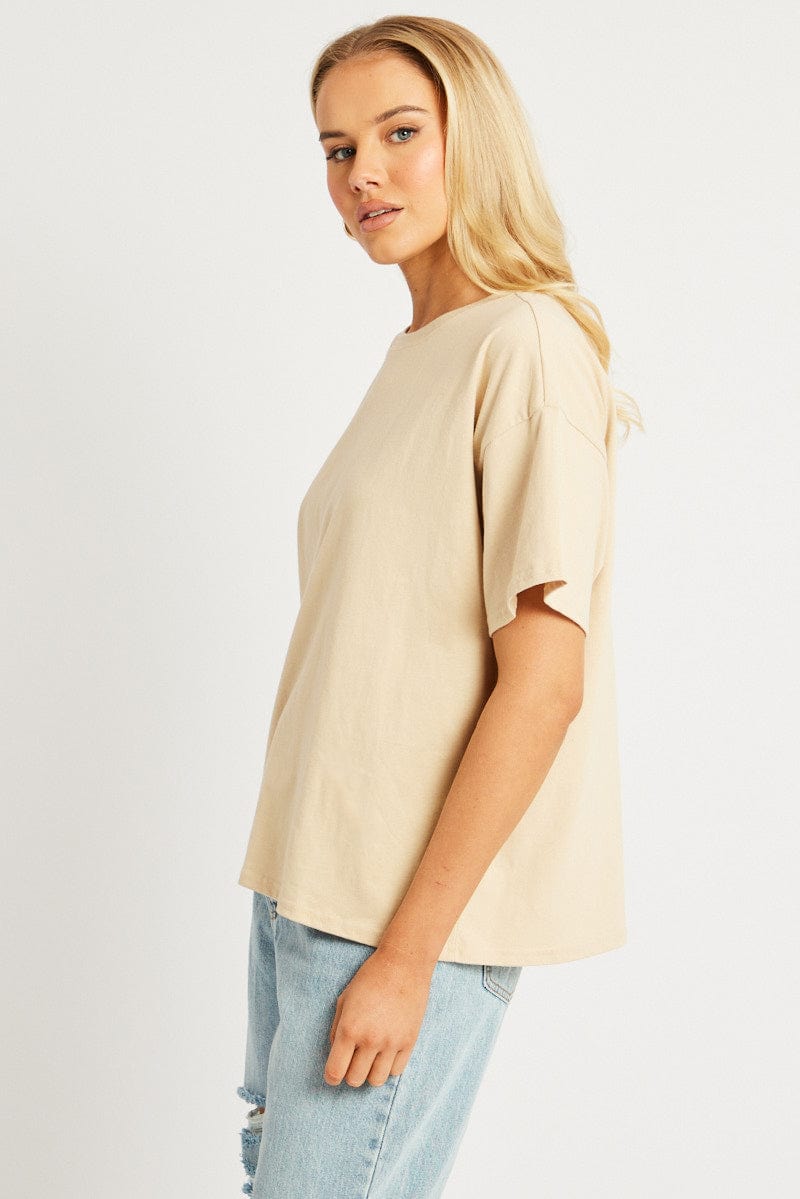 Beige Oversized T Shirt Short Sleeve Crew Neck for Ally Fashion