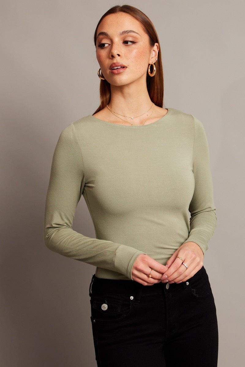 Green Top Long Sleeve Boat Neck Modal for Ally Fashion