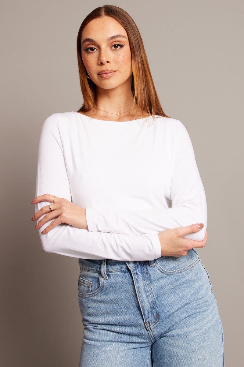 White Top Long Sleeve Boat Neck Modal for Ally Fashion