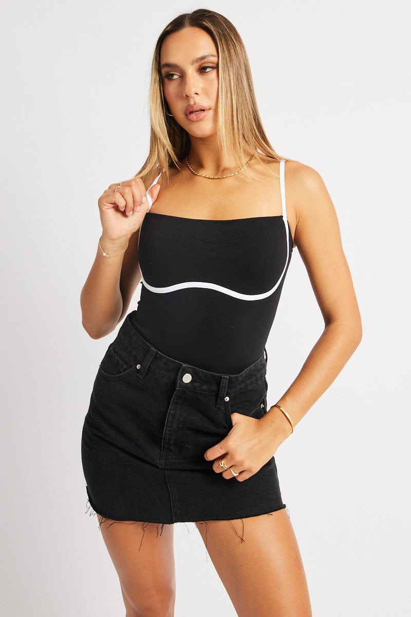 Black Bodysuit Sleeveless Contrast Detail Seamless for Ally Fashion