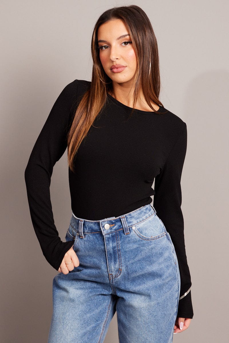 Black Top Long Sleeve Crew Neck for Ally Fashion