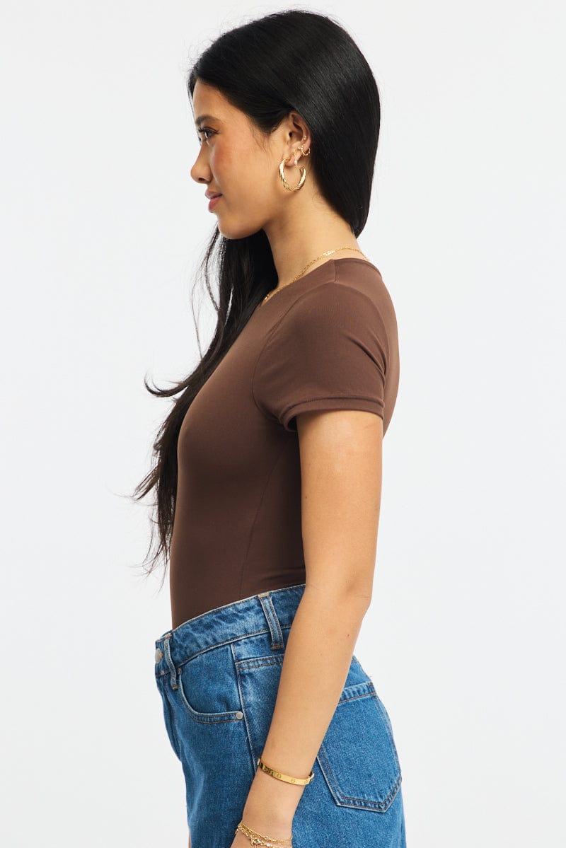 Brown Supersoft Bodysuit Short Sleeve for Ally Fashion