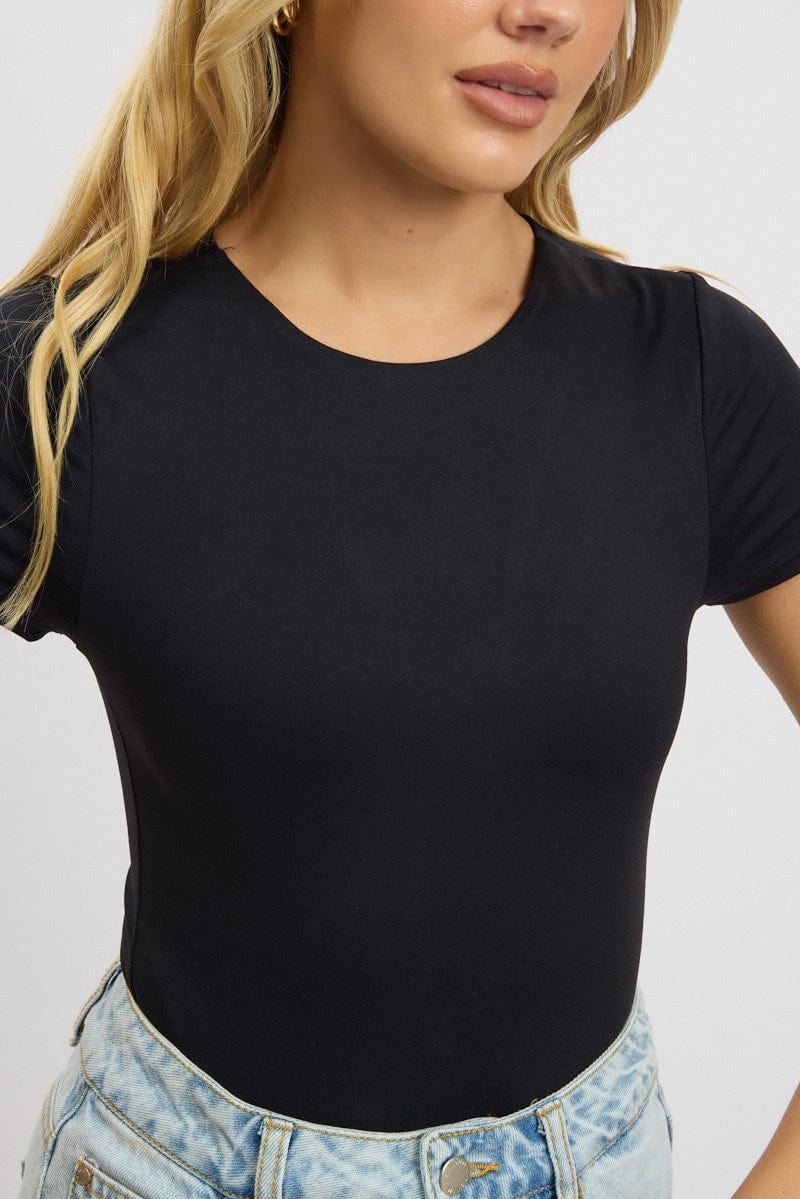 Black Bodysuit Short Sleeve Crew Neck Supersoft for Ally Fashion