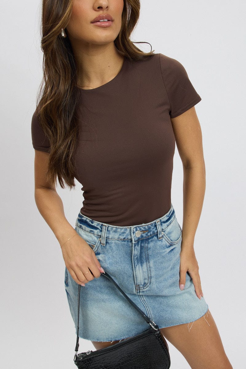 Brown Bodysuit Short Sleeve Crew Neck Supersoft for Ally Fashion