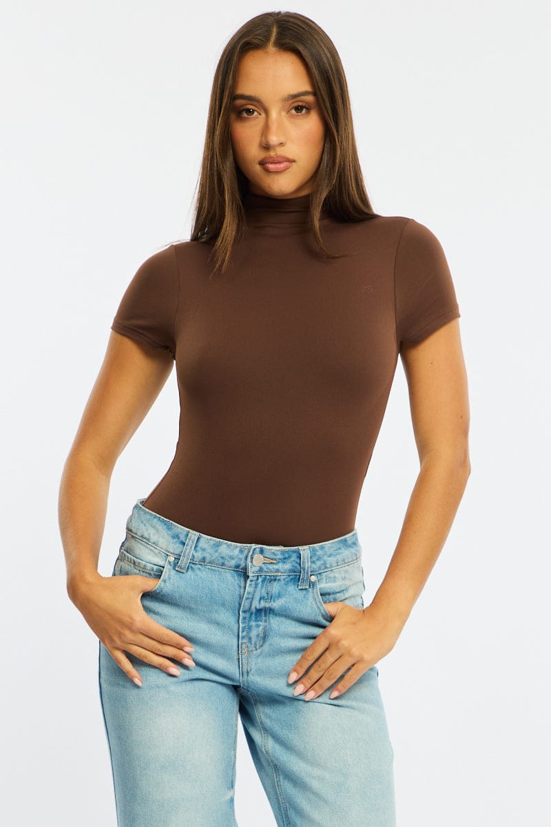 Brown Short Sleeve High Neck Bodysuit for Ally Fashion