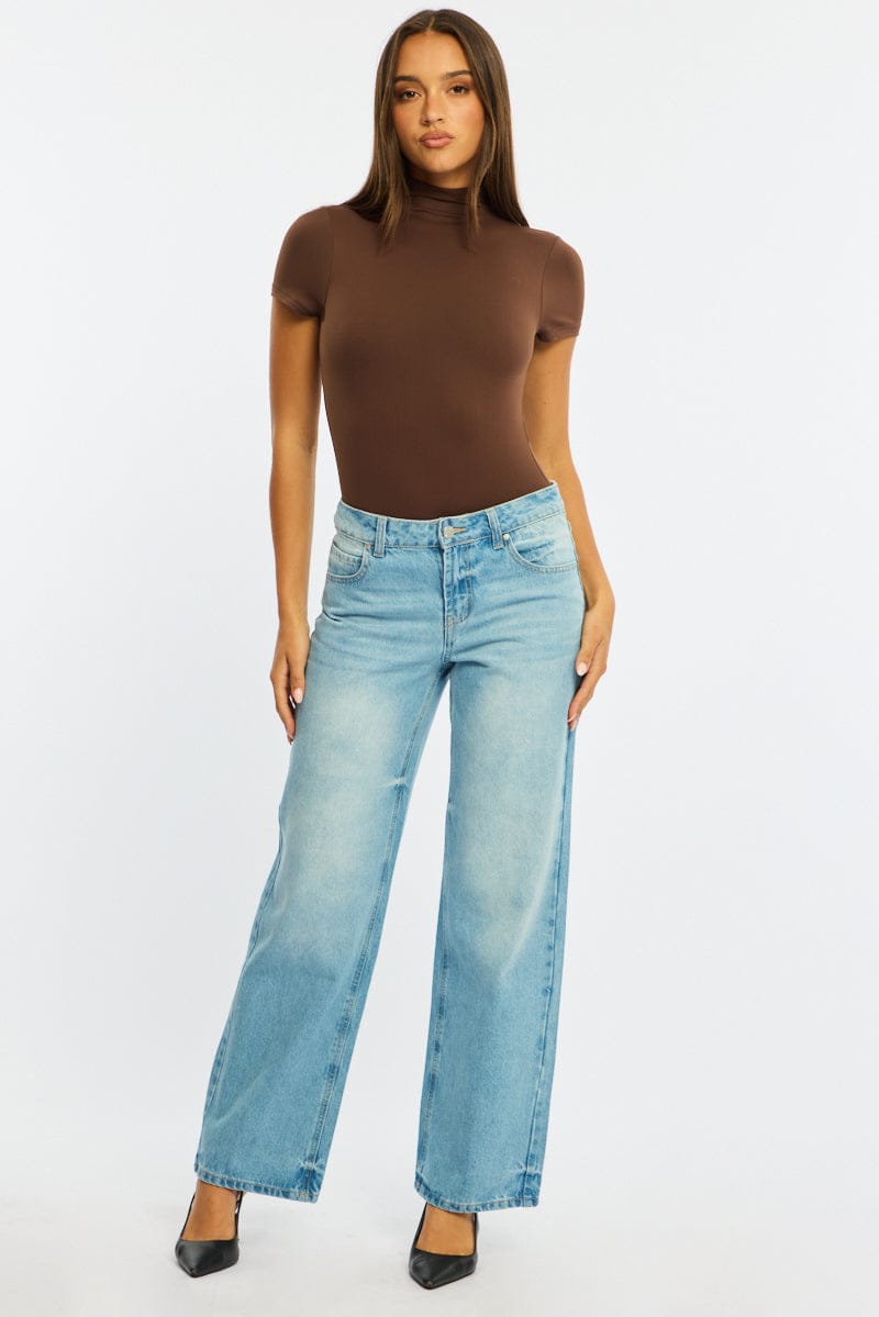 Brown Short Sleeve High Neck Bodysuit for Ally Fashion