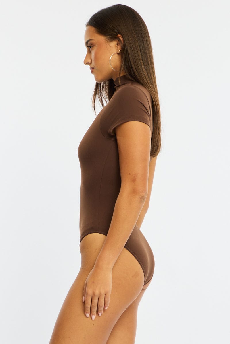 Brown Short Sleeve High Neck Bodysuit for Ally Fashion