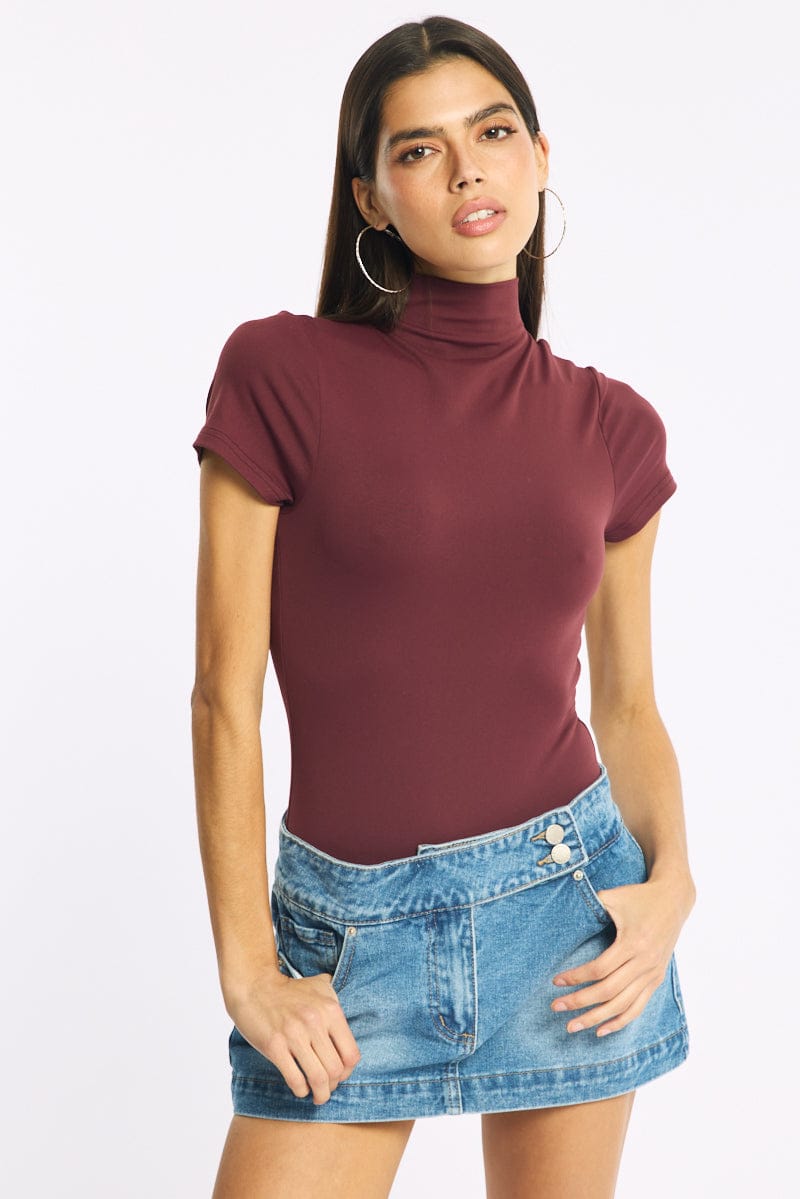 Red Short Sleeve High Neck Bodysuit for Ally Fashion