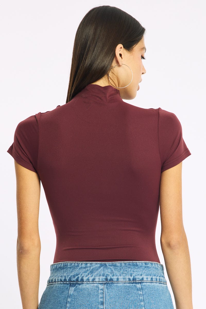 Red Short Sleeve High Neck Bodysuit for Ally Fashion
