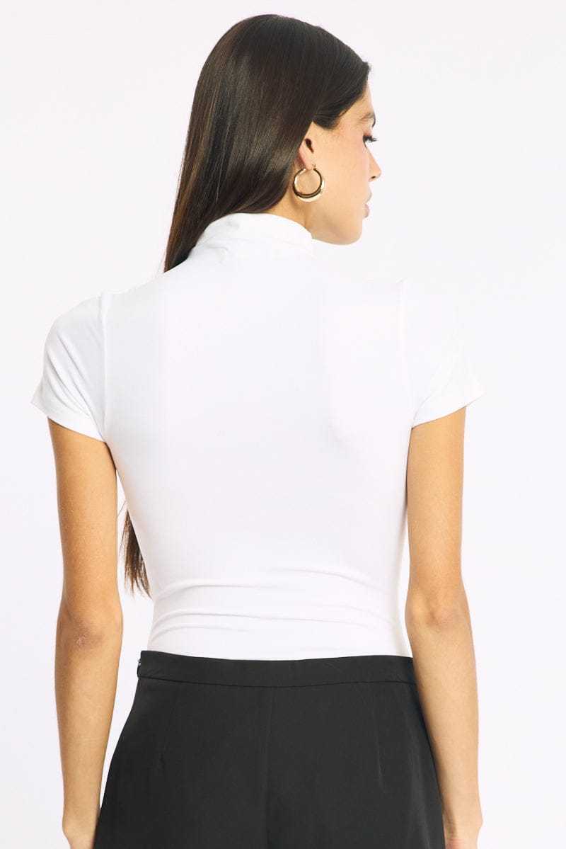 White Short Sleeve High Neck Bodysuit for Ally Fashion