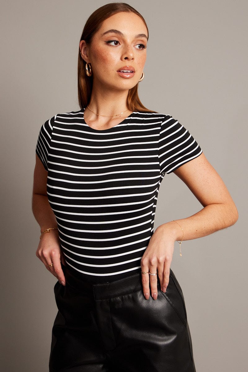 Black Stripe Bodysuit Short Sleeve Crew Neck Supersoft for Ally Fashion