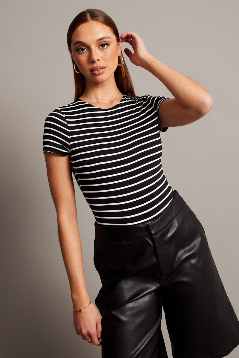 Black Stripe Bodysuit Short Sleeve Crew Neck Supersoft for Ally Fashion