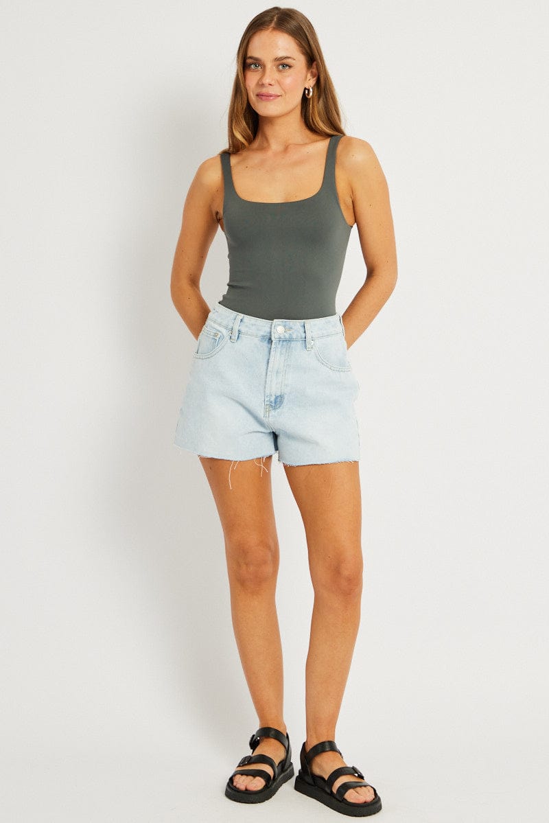 Grey Bodysuit Sleeveless Square Neck Seamless for Ally Fashion