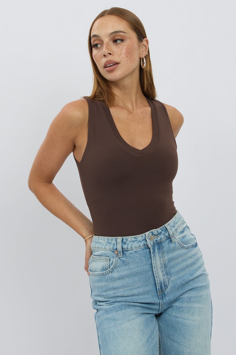 Brown Bodysuit Sleeveless V-Neck from Ally Fashion
