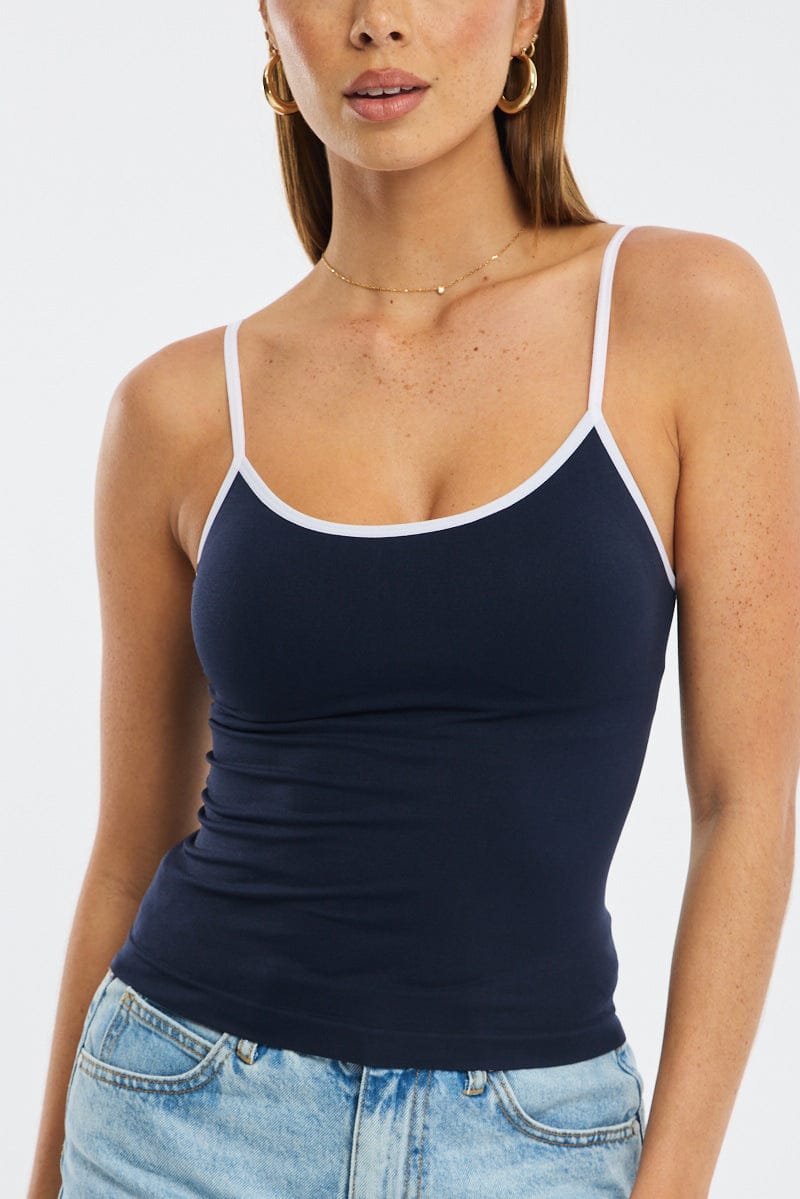 Blue Singlet Top Contrast Binding Seamless for Ally Fashion