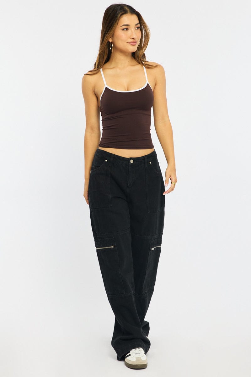 Brown Singlet Top Contrast Binding Seamless for Ally Fashion