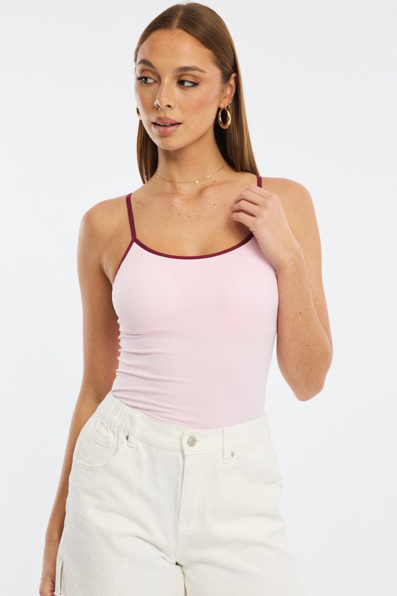 Pink Singlet Top Contrast Binding Seamless for Ally Fashion