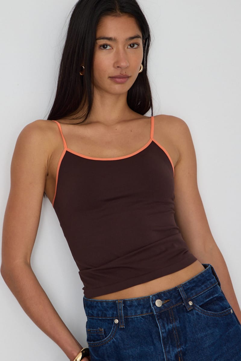 Brown Seamless Round Neck Cami Contrast Binding for Ally Fashion