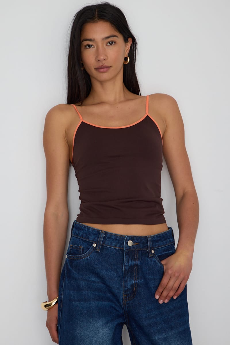 Brown Seamless Round Neck Cami Contrast Binding for Ally Fashion