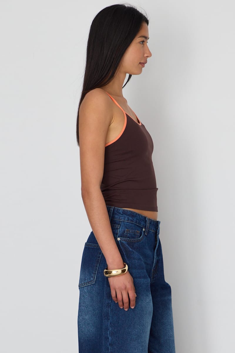Brown Seamless Round Neck Cami Contrast Binding for Ally Fashion