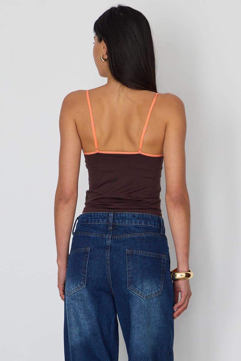 Brown Seamless Round Neck Cami Contrast Binding for Ally Fashion