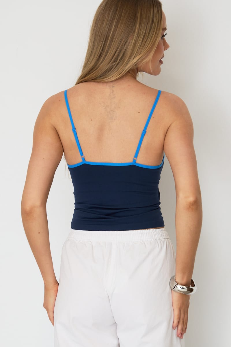Blue Seamless Round Neck Cami Contrast Binding for Ally Fashion