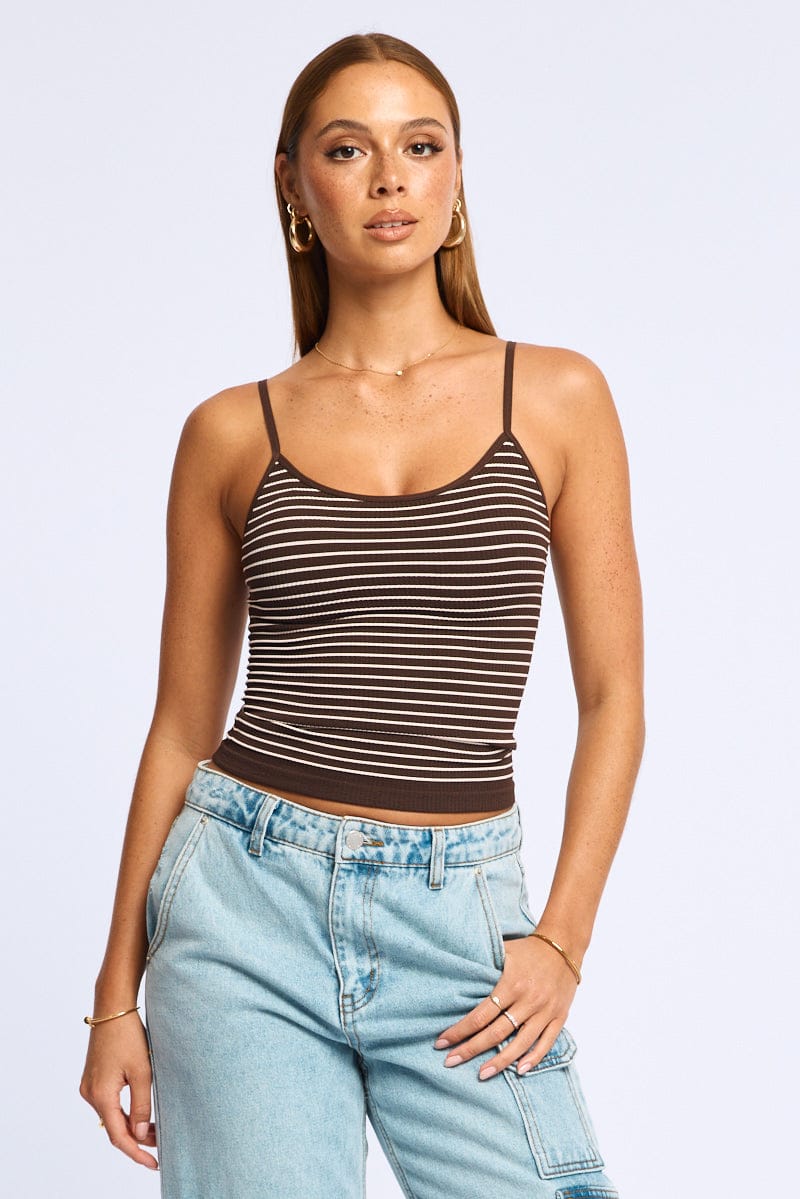 Brown Stripe Singlet Top Stripe Seamless for Ally Fashion