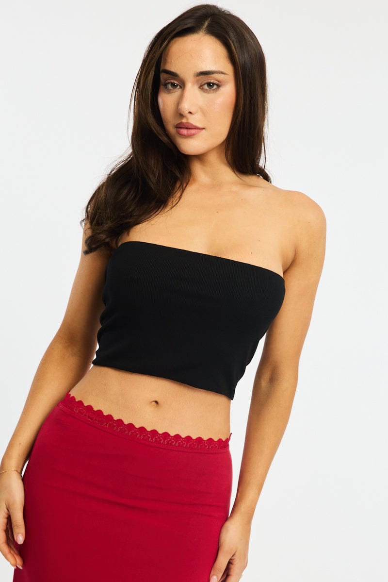 Black Bandeau Top Sleeveless Strapless Rib for Ally Fashion