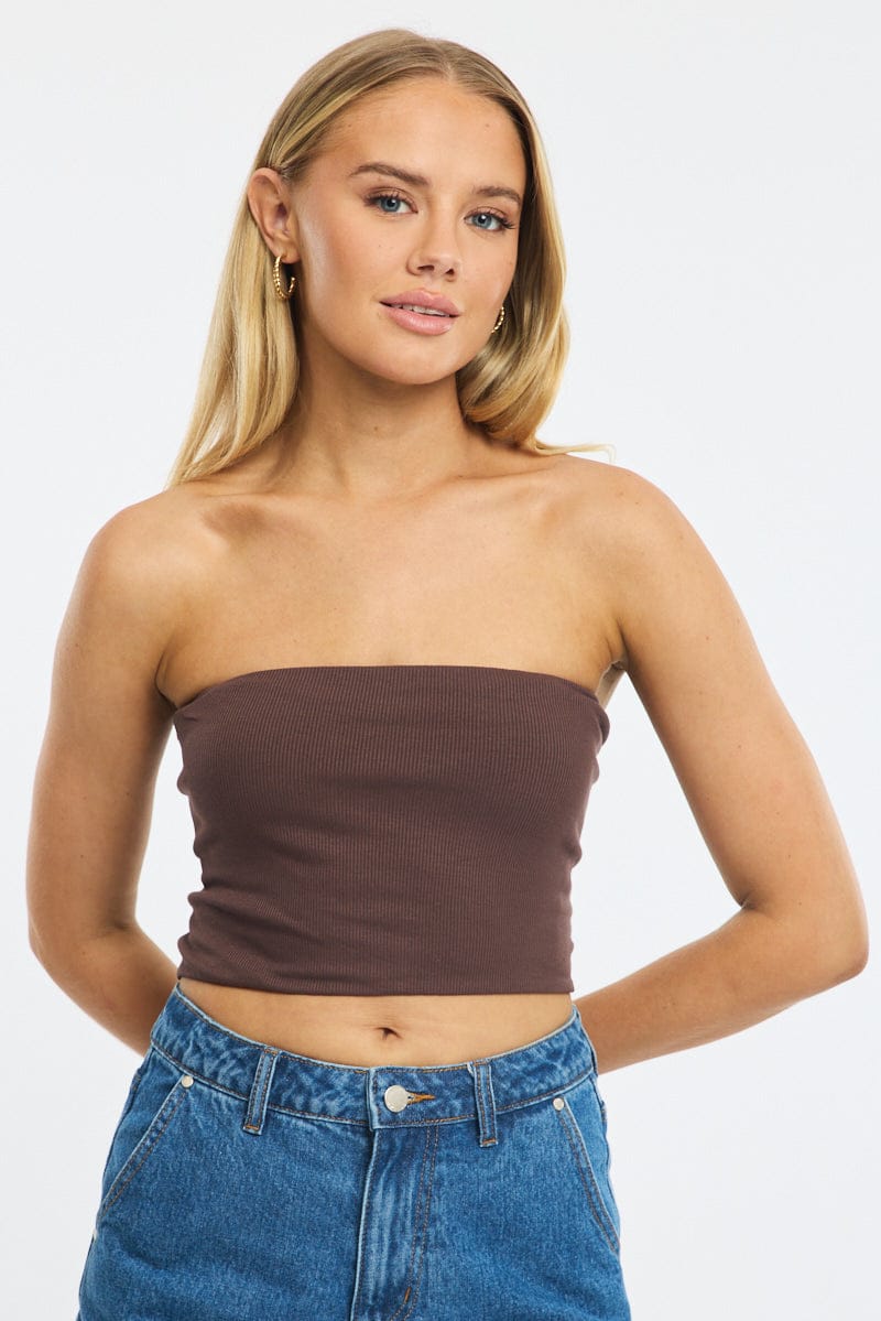 Brown Bandeau Top Sleeveless Strapless Rib for Ally Fashion