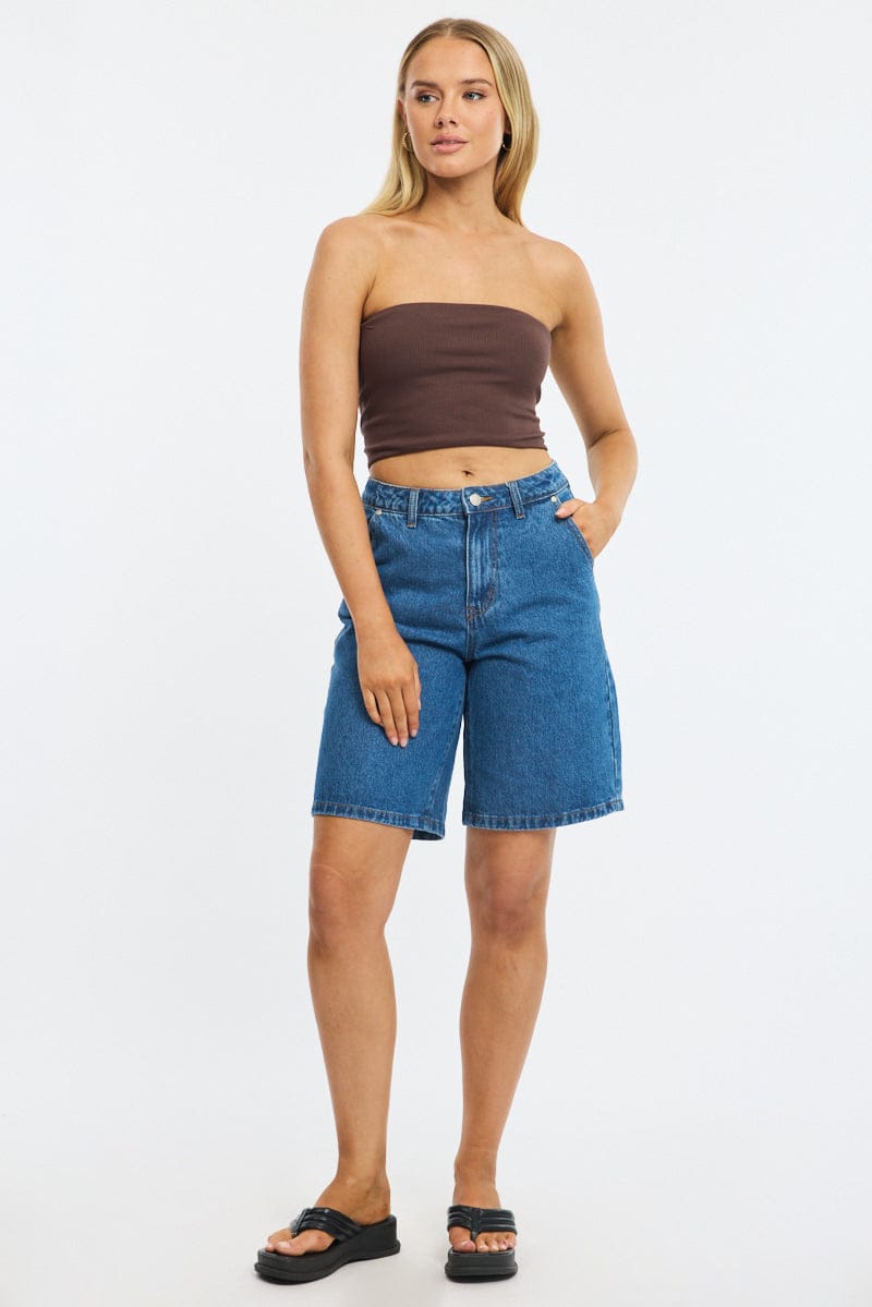 Brown Bandeau Top Sleeveless Strapless Rib for Ally Fashion