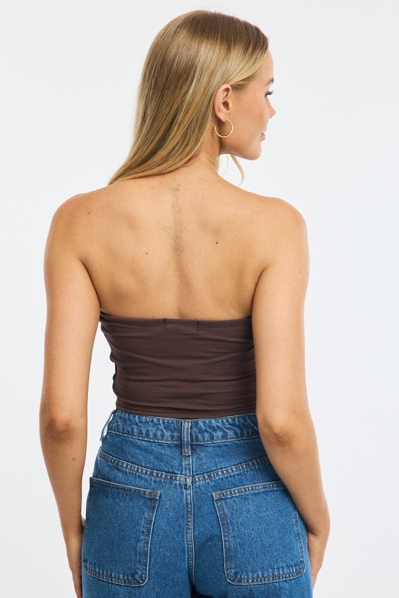 Brown Bandeau Top Sleeveless Strapless Rib for Ally Fashion