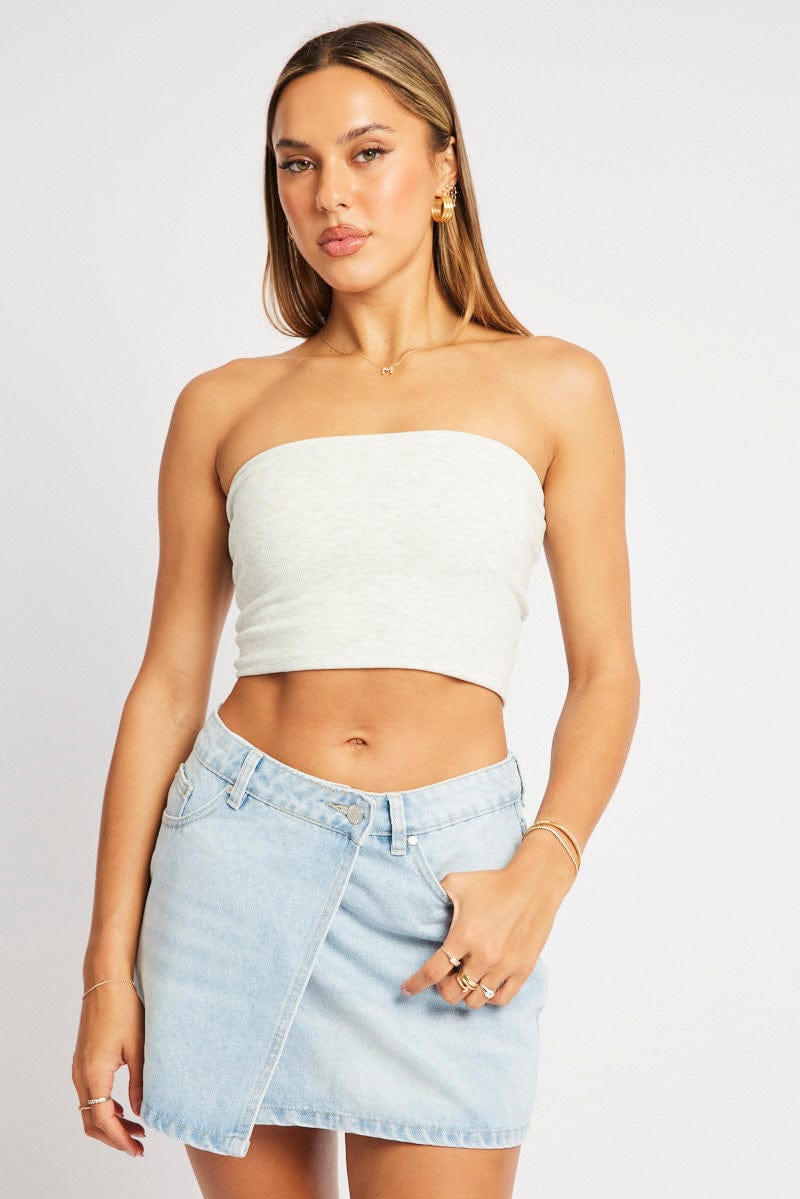 Grey Bandeau Top Sleeveless Strapless Rib for Ally Fashion