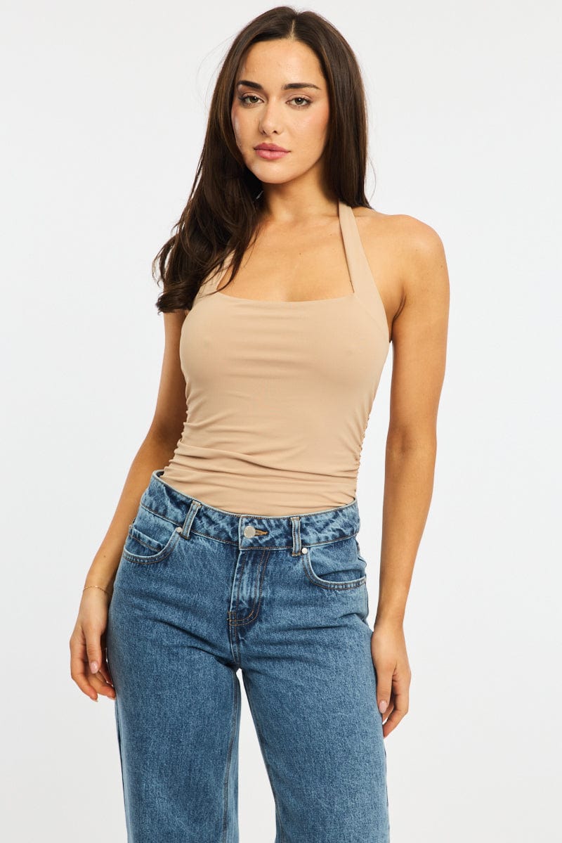 Beige Halter Neck Bodysuit for Ally Fashion