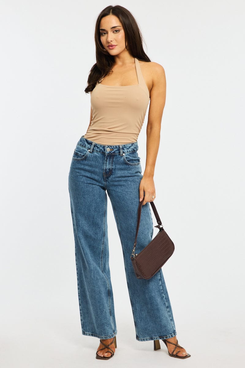 Beige Halter Neck Bodysuit for Ally Fashion