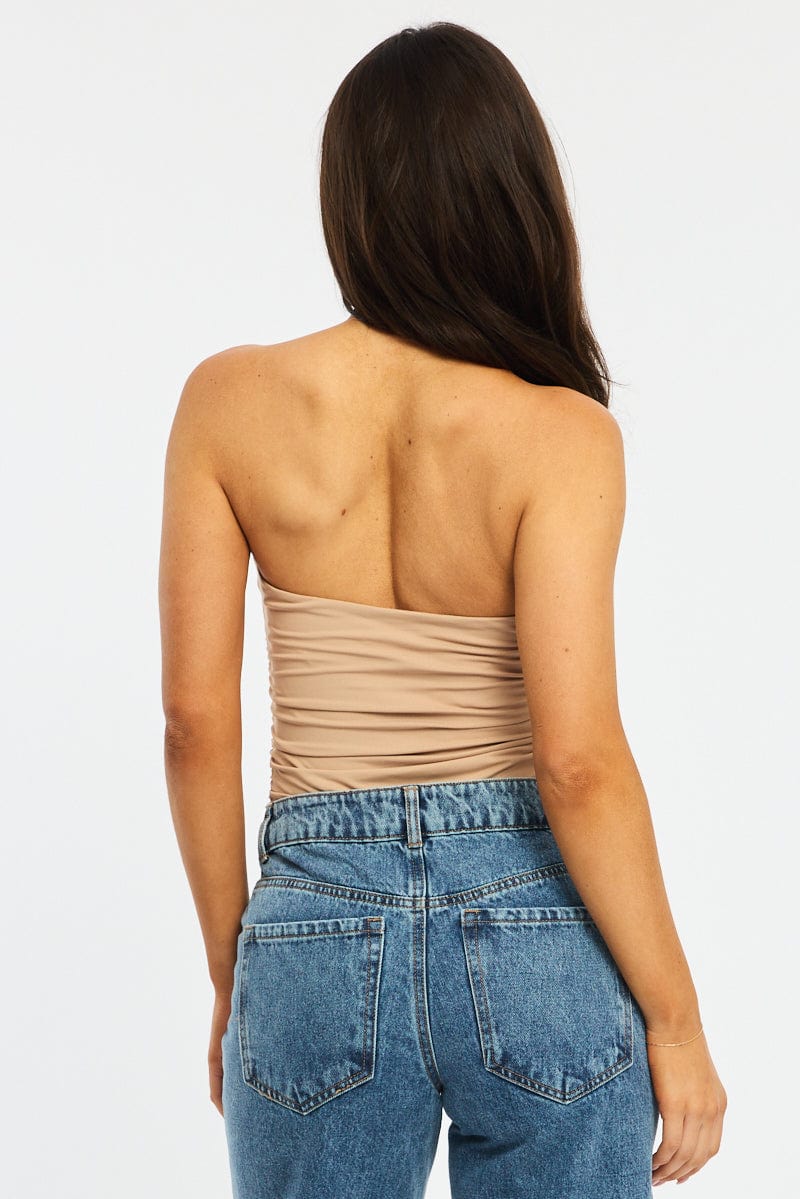 Beige Halter Neck Bodysuit for Ally Fashion