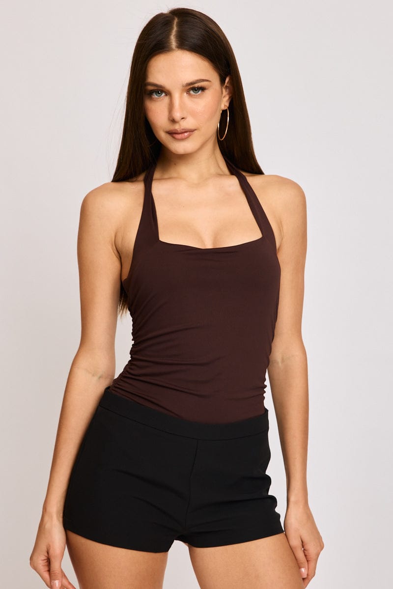 Brown Halter Neck Bodysuit for Ally Fashion