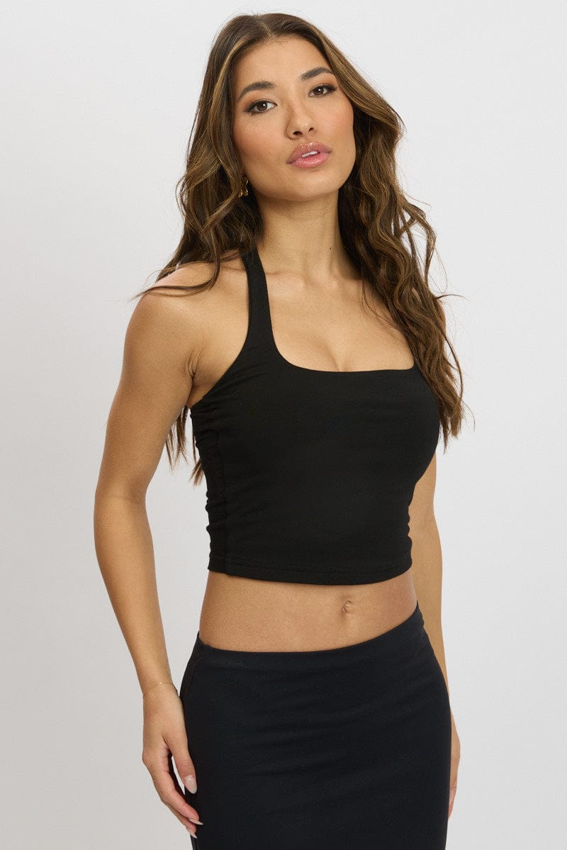 Black Halter Neck Top Cotton Span for Ally Fashion