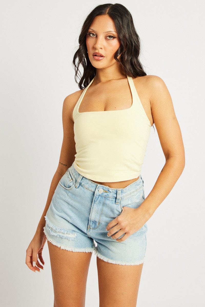 Yellow Halter Neck Top Cotton Span for Ally Fashion