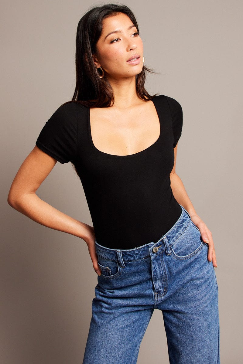 Black Bodysuit Short-Sleeve Square-Neck Modal from Ally Fashion