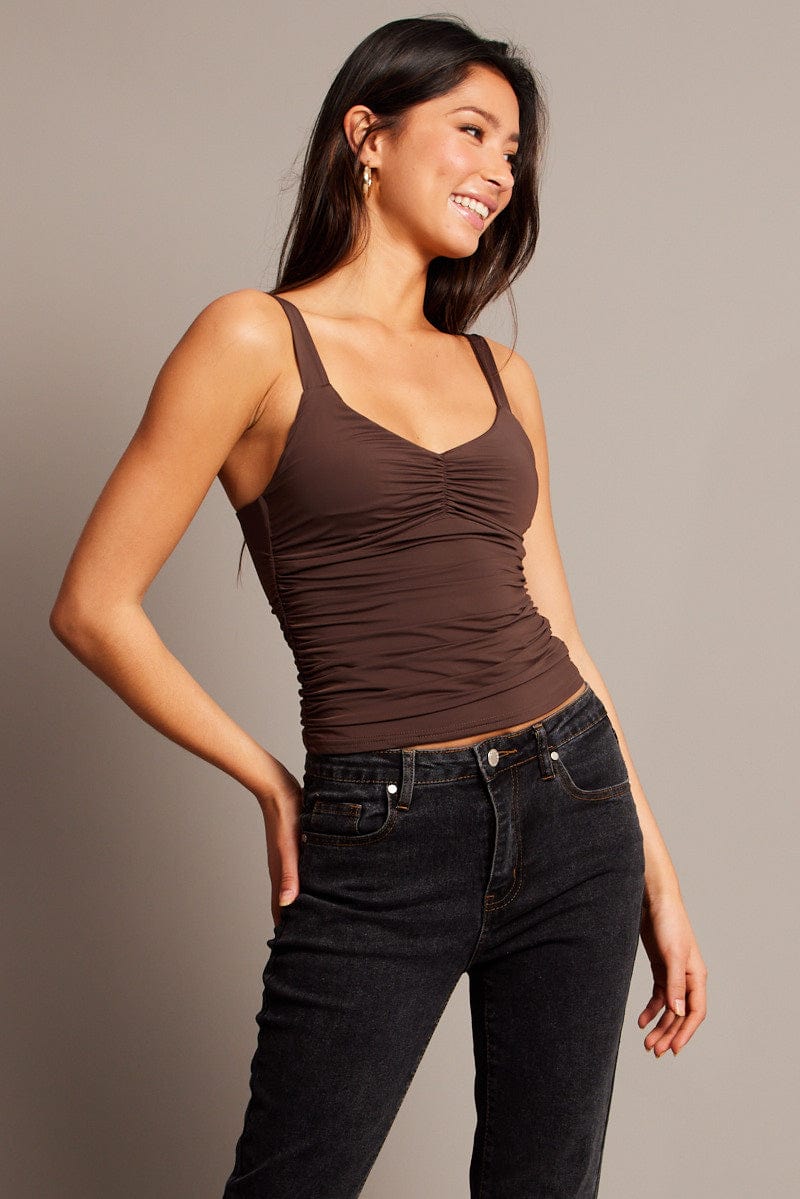 Brown Sleeveless Tank Square V-neck for Ally Fashion