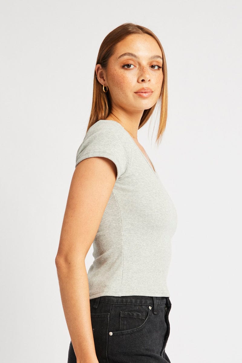 Grey T Shirt Short Sleeve V Neck for Ally Fashion